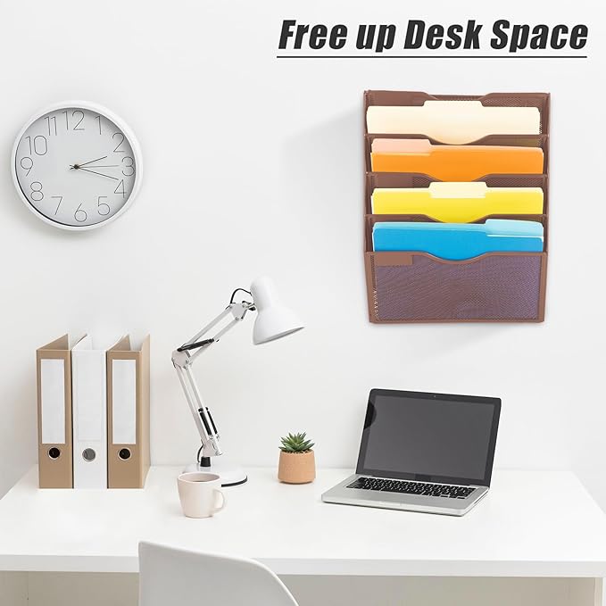 EASEPRES 5 Pocket Mesh Hanging Wall File Organizer, Wall Mounted Mail Paper Document Folder Holder, Clipboard Storage Organization Magazine Rack with Nametag Label for Office Home School, Brown-DeskLoop Office