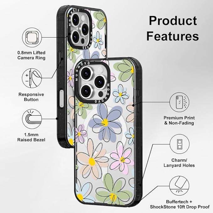 MOSNOVO Magnetic Case for iPhone 16 Pro, 10ft Military-Grade Protection, Compatible with Magsafe, Shockproof Phone Case for iPhone 16 Pro - Linear Blooms - Clear Black-DeskLoop Office