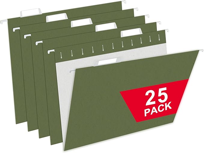 25 Packs Hanging File Folders,Standard Green File Folders for Filing Cabinet,1/5 Adjustable Tabs & Labels,Bulk File Organizer for Office,School,Home-DeskLoop Office