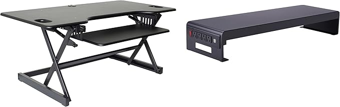 Rocelco 46" Large Height Adjustable Standing Desk Converter with Double Monitor Mount Stand BUNDLE - Quick Sit Stand Up Computer Workstation Riser - Retractable Keyboard Tray - Black (R DADRB-46-DMS)-DeskLoop Office