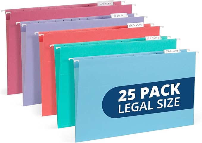 25 Blue Summit Supplies Legal Size Hanging File Folders - Assorted Gem Tone Colors (Turquoise, Teal, Coral, Purple, Magenta), Durable 11pt Paper, Plastic Tabs and Inserts Included-DeskLoop Office
