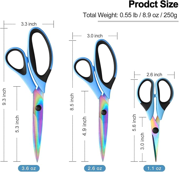 Scissors All Purpose, Sharp Titanium Blades Shears, Rubber Comfort Grip Handle, Multipurpose scissors 3 pack, Great for Office, Fabric, Craft, Sewing, Arts, School and Home Supplies, Black&Blue-DeskLoop Office