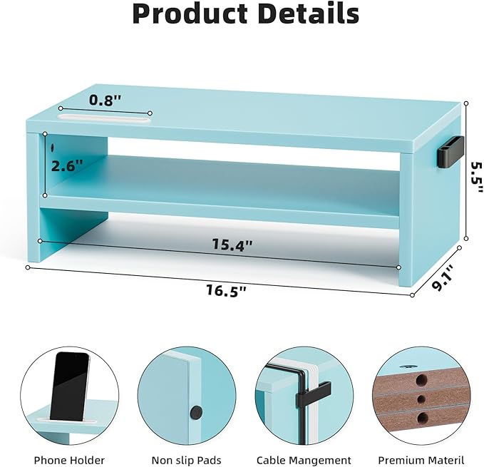 Marbrasse Monitor Stand Riser, 16.5 Inch 2 Tier Computer Printer Shelf Stand for Laptop Computer Screen Storage, Desktop Stand with Phone Holder and Cable Management (Blue)-DeskLoop Office