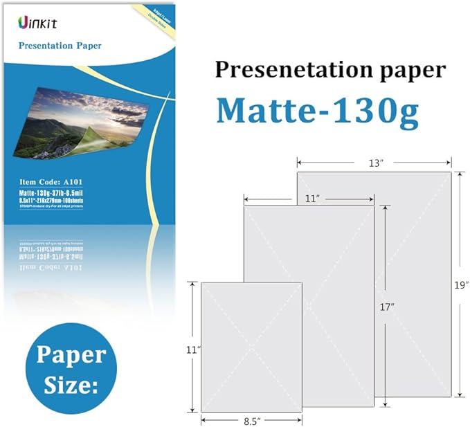 Uinkit 100 Sheets 11x17 A3 Thin Matte Presentation Paper Photo Double Sided 38lb 140gsm Printable on Both Sides Brochure Photos Picture Poster Playbill Flyer Coated for laser and Inkjet Printer-DeskLoop Office