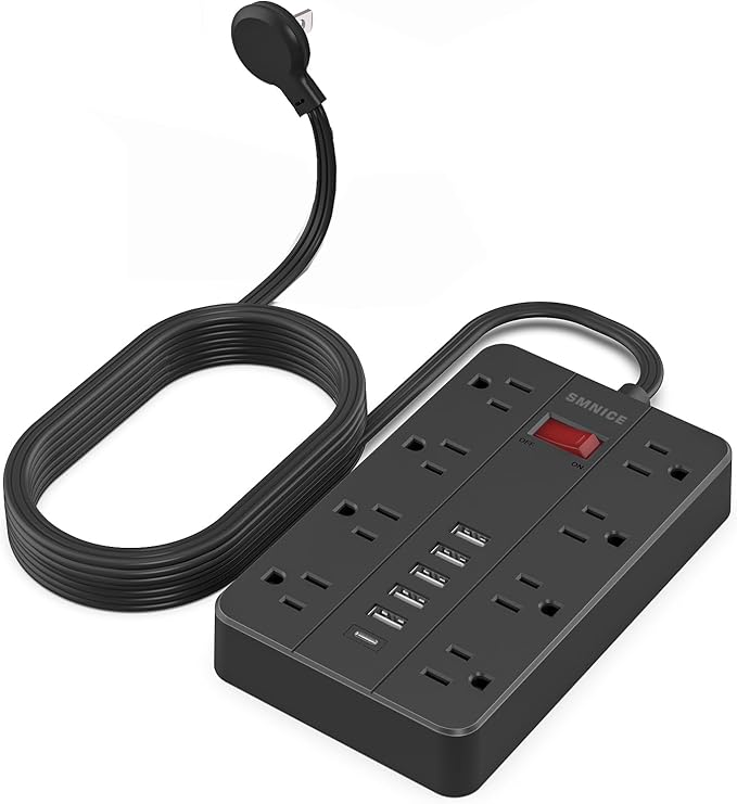 10 Ft Extension Cord Surge Protector, SMNICE 8 Widely Spaced Outlets and 6 USB (1 USB C) Charging Ports Flat Plug Power Strip, Desktop Power Cord for Travel Home Office Accessories Black-DeskLoop Office