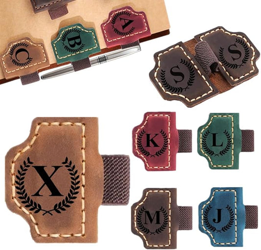 Custom Bookmark with Pen Holder with 26 Letters Personalized Magnetic Leather Book Mark, Customized Name Book Marker Clip with Initial for Men Women, Gifts for Book Lovers, Readers, (Brown, X)-DeskLoop Office