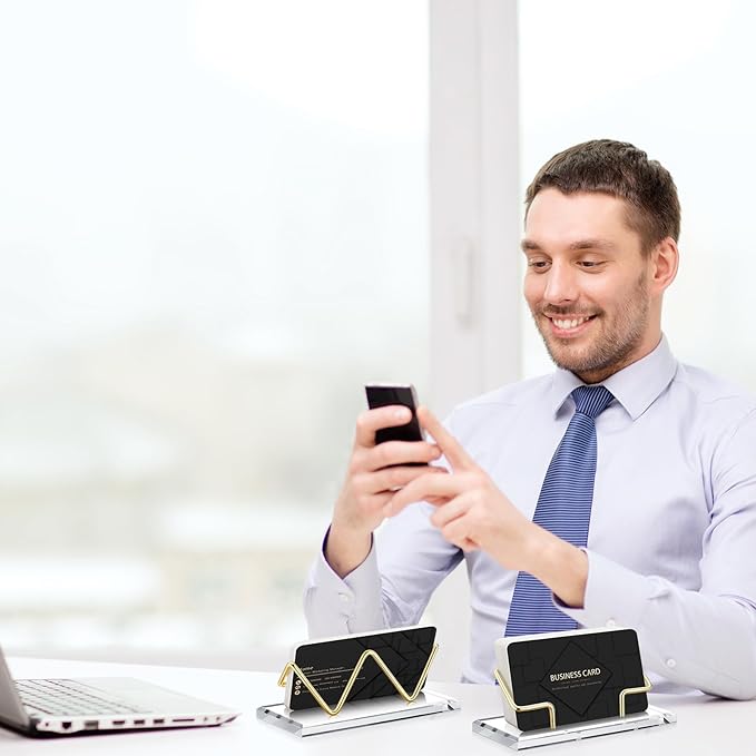 Amyhill 2 Pieces Acrylic Business Card Holder for Desk Clear Horizontal Business Card Display Stand Postcard Holder for Office Home Desktop (Gold)-DeskLoop Office