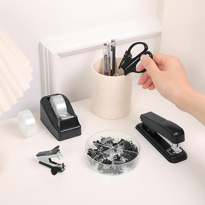 SKYDUE Black Office Supplies Set, Black Desk Accessories, Stapler, Tape Dispenser, Scissors, Binder/Paper Clips and 1000pcs Staples, Desk Supplies Set-DeskLoop Office