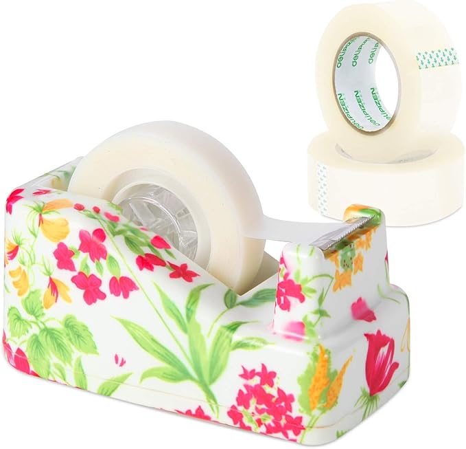 VIBRANZ-LAB Cute Tape Dispenser Desk Cute Home Office Desk Supplies Fun Desk Accessories Floral Tape Dispenser Cute Office Supplies for Women Desk Weighted Non-Skid Non-Slip Base Tape Dispensers-DeskLoop Office