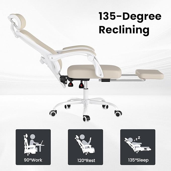 Farini Ergonomic Office Chair with Footrest, Mesh Office Desk Chair with Headrest, High Back Computer Chair with Adjustable Lumbar Support for Home Office Study Room Bedroom, White & Kakhi-DeskLoop Office