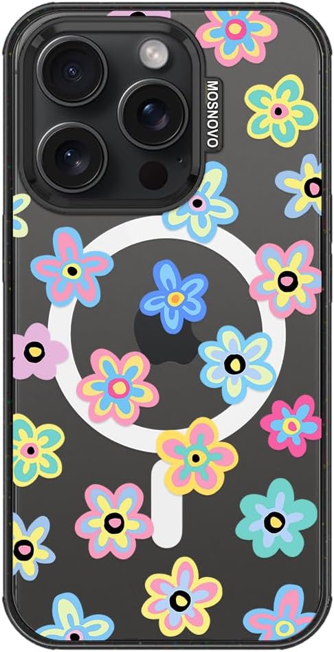 MOSNOVO Magnetic Case for iPhone 15 Pro, 10ft Military-Grade Protection, Compatible with Magsafe, Shockproof Phone Case for iPhone 15 Pro - Groovy Flower - Clear Black-DeskLoop Office