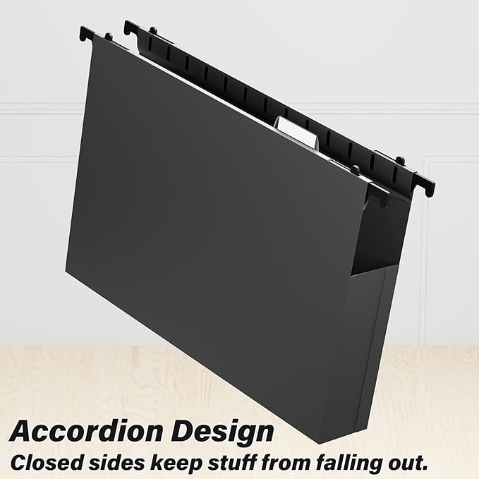 Extra Capacity Legal Size Plastic Hanging File Folders,2" Expanding Accordian Pocket with Black Insert Gasket,Heavy Duty for Filing Cabinet,Hard and Durable Hang Folders,Legal Size,12 Pack(Black)-DeskLoop Office