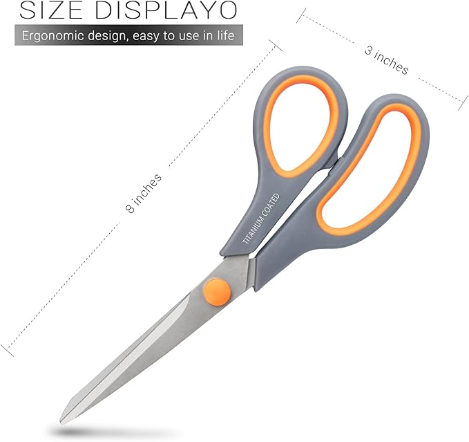 Scissors 8" Multipurpose Titanium Coated Sturdy Sharp Scissors Right/Left Handed Comfort-Grip Handles for Office Home School Sewing Fabric Craft Supplies Gray-DeskLoop Office