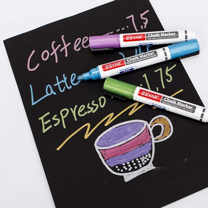 ZEYAR Liquid Chalk Marker-Wet Erase Marker, 6mm Reversible Tip-Bullet or Chisel, 8 Colors, Writes on Chalkboards, Bistro Boards, Windows and Plastic (8 Metallic Colors)-DeskLoop Office