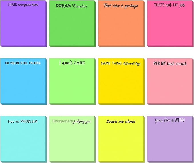 12 Pieces Snarky Office Sticky Notes Funny Note Pads Work Sucks Complaining Quotes Vibrant Negative Passive Office Notepads Adhesive Memo Pad for Colleague Supplies, 3 x 3 Inch(Stylish Style)