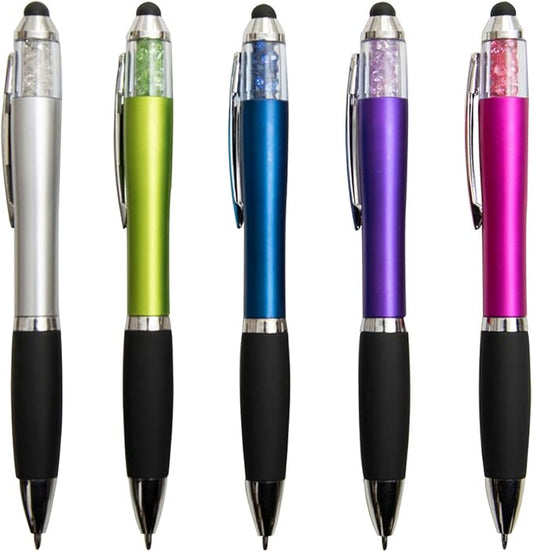 MiSiBao Stylus Pens for Touch Screens, Medium Point Pens with Crystals for Women and Kids Black Ink Pen with Stylus Ballpoint Pens with Comfort Grip for The Ipad (Style-5 Count+3 Refills)-DeskLoop Office