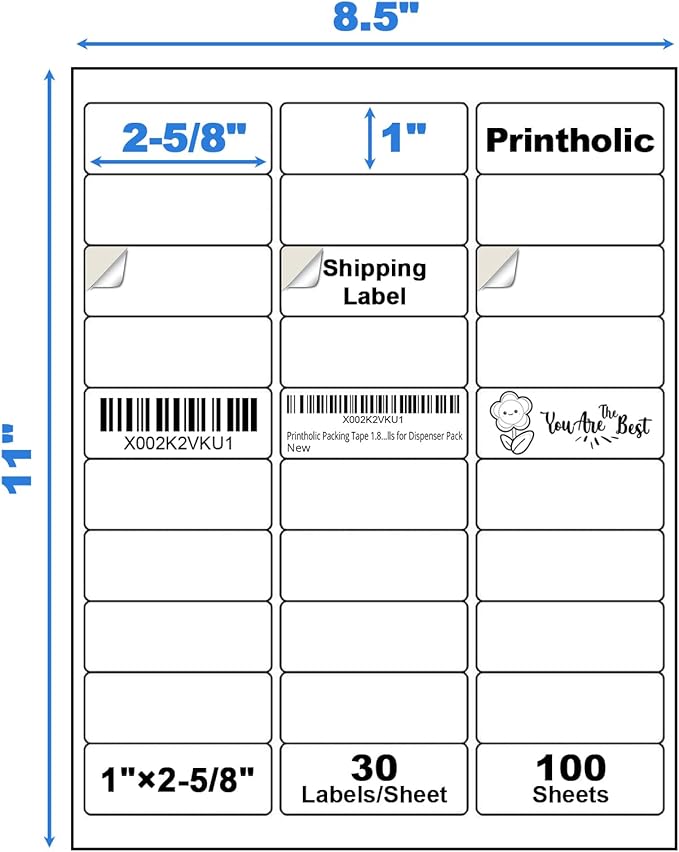 3000 30 Per Sheet Self Adhesive 1" x 2-5/8" Address Shipping Labels for Laser & Inkjet Printers, 100 Sheets, 30 Per Labels Per Page-DeskLoop Office