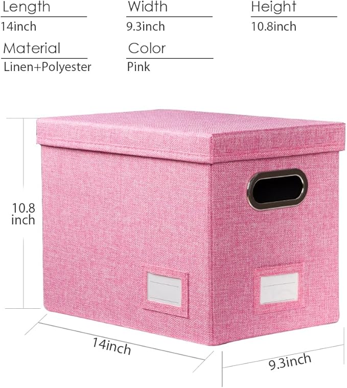 PRANDOM File Organizer Box - Set of 4 Collapsible Decorative Linen Filing Storage Hanging File Folders with Lids Office Cabinet Letter Size Pink (14x9.3x10.8 inch)-DeskLoop Office