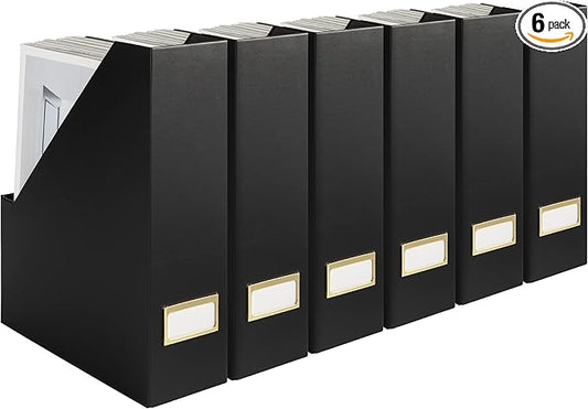 BLU MONACO Declutter in Style - Set of 6 Black Foldable Magazine File Holders with Gold Label Holders - Cardboard Magazine Storage Box & Desk Organizer for Workspace and Shelves-DeskLoop Office