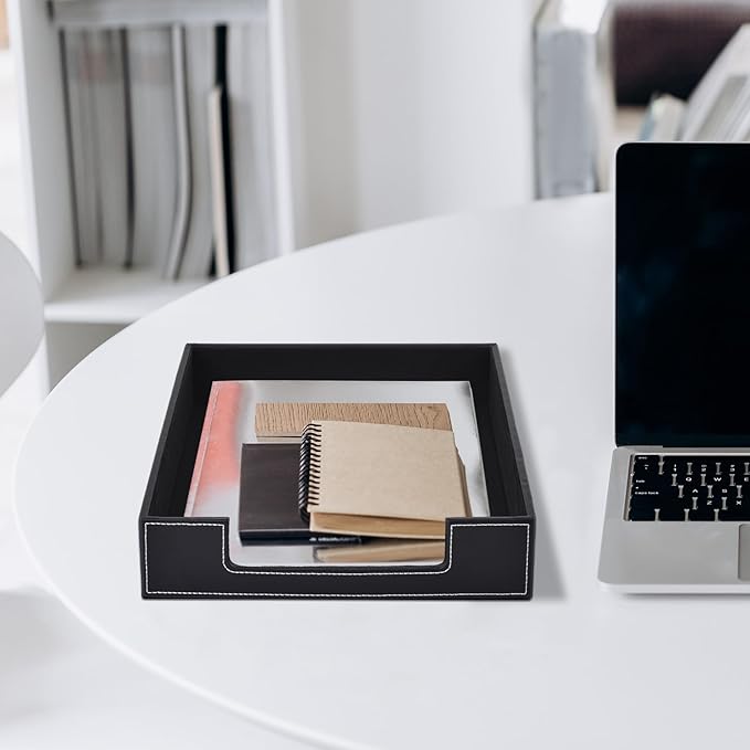 Leather 1-Layer Letter Tray Stackable File Document Tray,A4 Paper Case Rack Desk Office Supplies Organizer Holders,Desktop Organization, Pen Mail Magazine Storage Box(Black)-DeskLoop Office