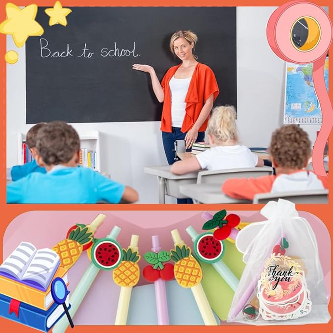 74 Set Student Gift Set 6 in 1 Multicoloured Ballpoint Pen Thank You Card Batch Keychain Inspirational Stickers Teacher Gifts for Classroom Birthday Party Supplies-DeskLoop Office