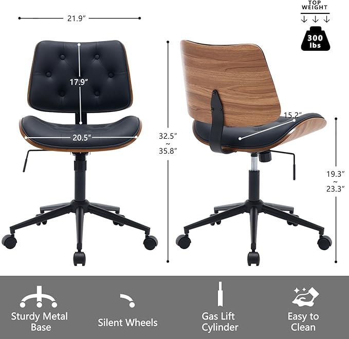 Armless Home Office Chair with Wheels, PU Leather Adjustable Height Computer Desk Chair, 360 Swivel Small No Arms Chair, Modern Button Walnut Style for Office, Reading Meeting Room(Black)-DeskLoop Office