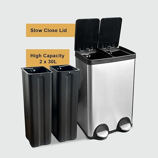 Dual Trash Can, 60 Liter/16 Gallon Dual Bin Trash Can with Lids, Kitchen Trash Can Dual Compartments, Trash and Recycling Bin Combo, Hands-Free Stainless Steel Kitchen Trash Can-DeskLoop Office