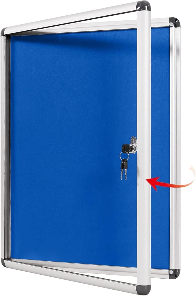 SWANCROWN Lockable Notice Board Tamperproof Enclosed Display Board for Home Office School,Wall-Mounted,Blue Fabric,26x20inch(4xA4)-DeskLoop Office