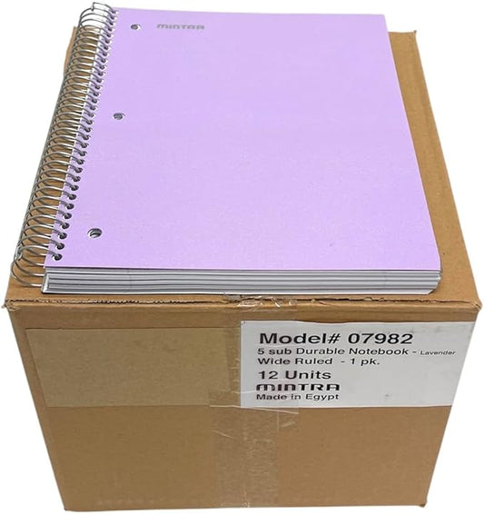 Mintra Office Durable Spiral Notebooks, 5 Subject (Lavender, Wide Ruled 12pk)-DeskLoop Office
