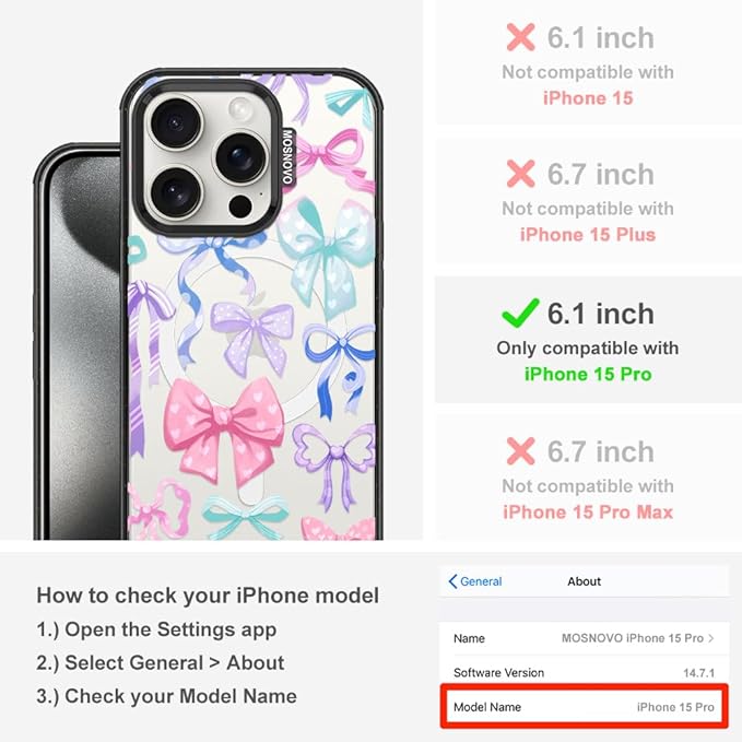 MOSNOVO Magnetic Case for iPhone 15 Pro, 10ft Military-Grade Protection, Compatible with Magsafe, Shockproof Phone Case for iPhone 15 Pro - Bows - Clear Black-DeskLoop Office
