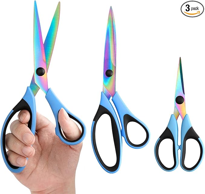 Scissors All Purpose, Sharp Titanium Blades Shears, Rubber Comfort Grip Handle, Multipurpose scissors 3 pack, Great for Office, Fabric, Craft, Sewing, Arts, School and Home Supplies, Black&Blue-DeskLoop Office