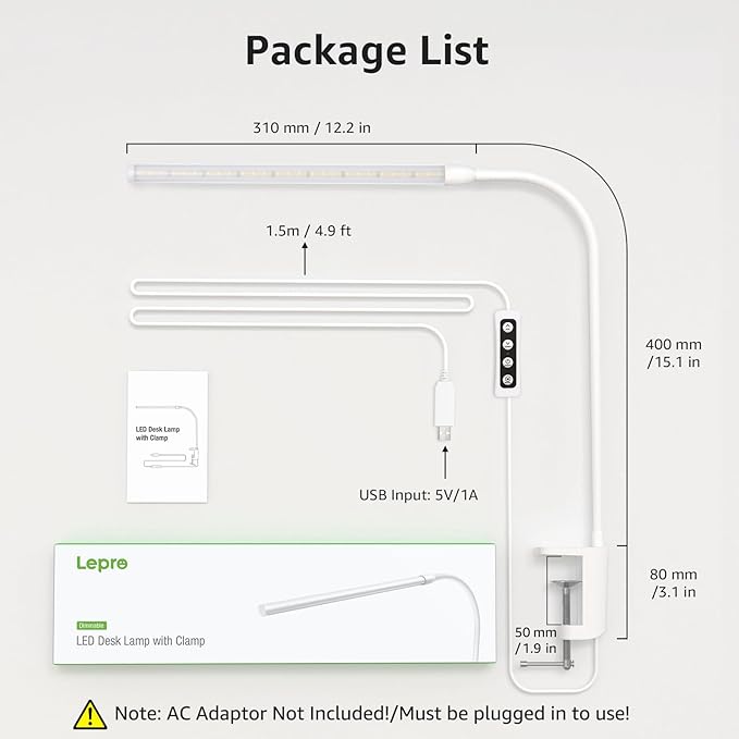 Lepro Small Desk Lamp with Clamp, LED Reading Lamps with 450LM, 3 Color Modes 10 Brightness, Dimmable USB Clip on Desk Light with Gooseneck Swing Arm for Nail, Home Office and Dorm (White)-DeskLoop Office