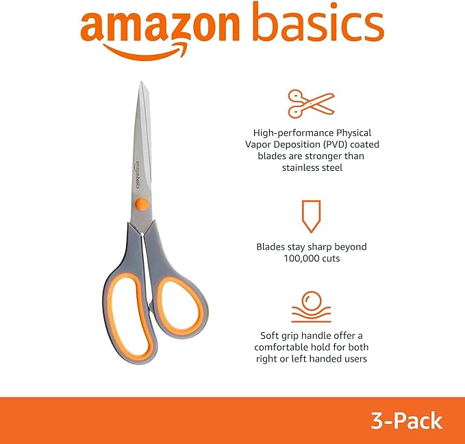 Amazon Basics Stainless Steel Scissors for Office, Crafts, Multipurpose, Sharp, Comfort Grip, PVD Coated, 3 Pack, Multicolor-DeskLoop Office