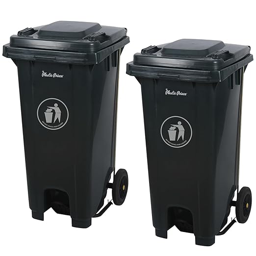 32 Gallon Step-On Large Outdoor Trash Can with Lid and Wheels - Outside Plastic Rolling Garbage Can - Rollout Commercial Heavy-Duty Container Barrel, Gray 2 Pack-DeskLoop Office