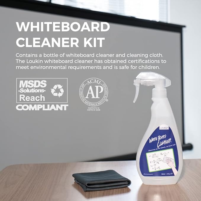 loukin Non-Toxic Whiteboard Cleaner, 17 fl oz Dry Erase Board Cleaner, Low-Odor Whiteboard Cleaning Spray with Cloth, Removes Stubborn Marks from Whiteboards, Chalkboard-DeskLoop Office