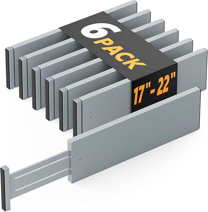 SpaceAid Bamboo Dresser Drawer Dividers 6 Pack, 4.65“ High Adjustable 17“-22” Drawer Organizers, Expandable Organization for Clothing, Clothes, Dressers, Gray-DeskLoop Office