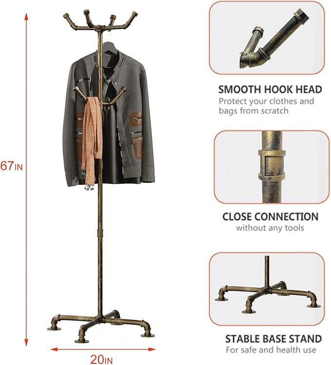 Industrial Coat Rack, Metal Pipe Coat Rack Stand Freestanding with 6 Hooks, Heavy Duty Coat Tree Sturdy Coat Racks for Entryway, Hallway, Bedroom (Vintage gold)-DeskLoop Office