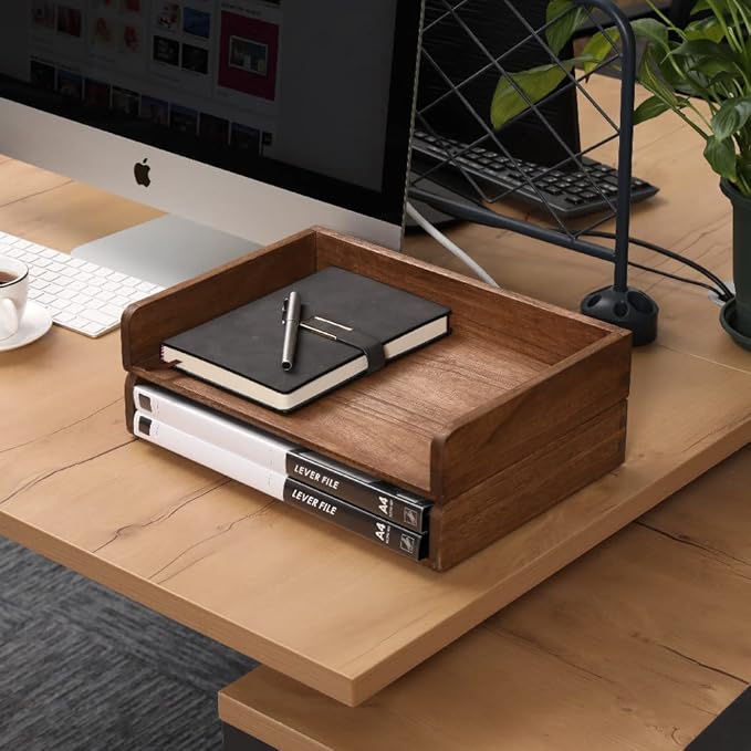 Desktop File Trays Stackable Paper Tray for Letter/A4 Size Magazine - Wood Office Document Organizer Shelf - Wooden Folder Organization Rack Desk Tray Pack of 2 Dark(2CTP-DK)-DeskLoop Office
