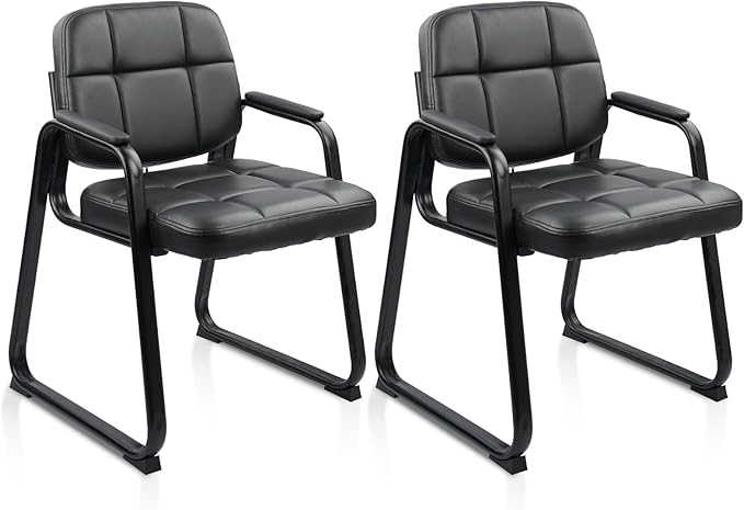 CLATINA Waiting Room Guest Chair with Bonded Leather Padded Arm Rest for Office Reception and Conference Desk Black with Sled Base 2 Pack-DeskLoop Office