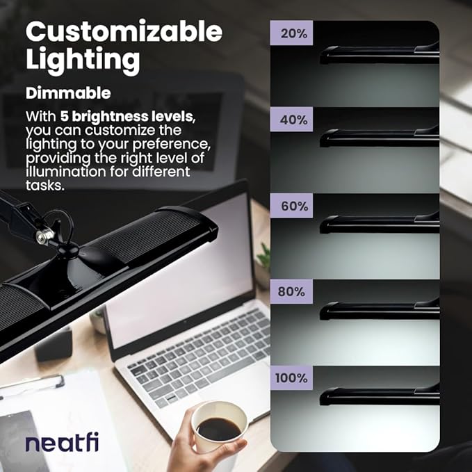 Neatfi Ultra 3,500 Lumen LED Desk Lamp, 45W, 26-Inch Wide Metal Shade, 270 SMD LEDs (Non-CCT with Clamp, Black)-DeskLoop Office