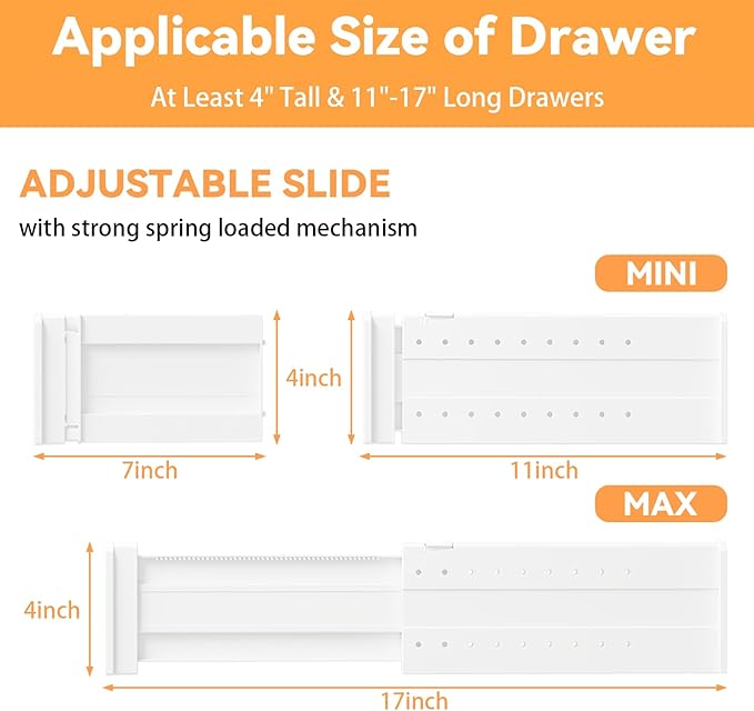REBECAT 8 Pack Drawer Dividers for Clothes Adjustable Drawer Dividers 4" High Expandable from 11"-17" for Dresser Baby Clothes Bathroom Bedroom Kitchen and Office Storage,White-DeskLoop Office