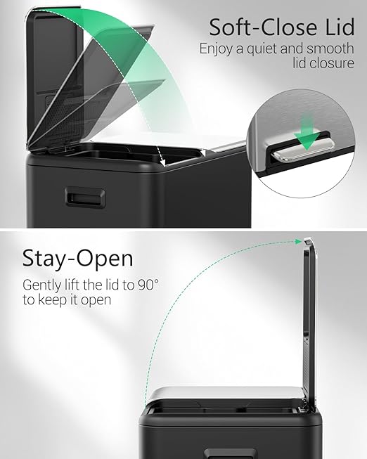 TLSUNNY Kitchen Dual Trash Can, 60L Hands-Free Stainless Steel Garbage Can, Classified Rubbish Bin with Double Compartments, Soft-Close Lid, Inner Bucket, Odor Control (60L) (Black)-DeskLoop Office