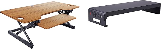 Rocelco 40" Large Height Adjustable Standing Desk Converter with Dual Monitor Stand BUNDLE - Quick Sit Stand Up Computer Workstation Riser - Retractable Keyboard Tray - Teak (R DADRT-40-DMS)-DeskLoop Office