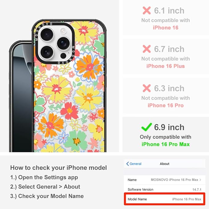 MOSNOVO Magnetic Case for iPhone 16 Pro Max, 10ft Military-Grade Protection, Compatible with Magsafe, Shockproof Phone Case for iPhone 16 Pro Max - Retro Boho Hippie Flowers - Clear Black-DeskLoop Office