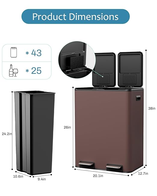 16 Gal (2 x 30 L) Dual Trash Can, Stainless Steel Kitchen Garbage Bin, Recycle Dustbin with Odor Control Box, Soft-Close Lid, Inner Buckets, Side Handle, Step Pedal, for Home Office-DeskLoop Office