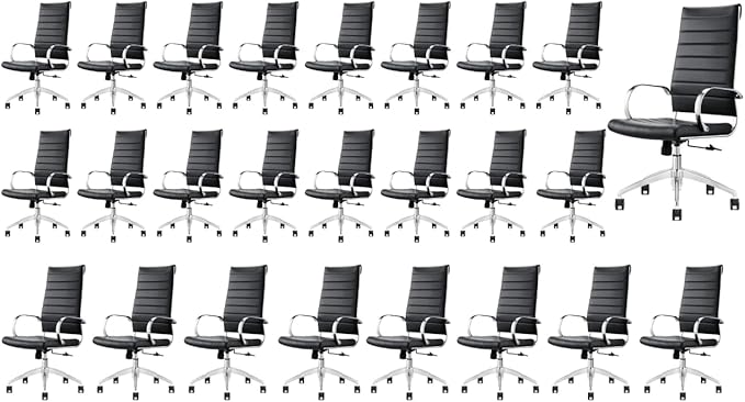 Ribbed Desk Chair - Lumbar Support, Modern Style Executive Chair for Home and Office - 360 Swivel Rolling Wheels - Aluminum Chrome Frame & Base (Black & Chrome High Back, Pack of 25)-DeskLoop Office