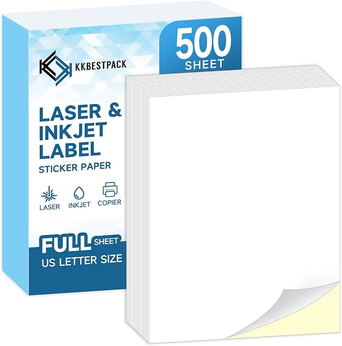 Full Sheets Sticker Paper – 500 Sheets, 8.5" x 11" Letter Size, by KKBESTPACK