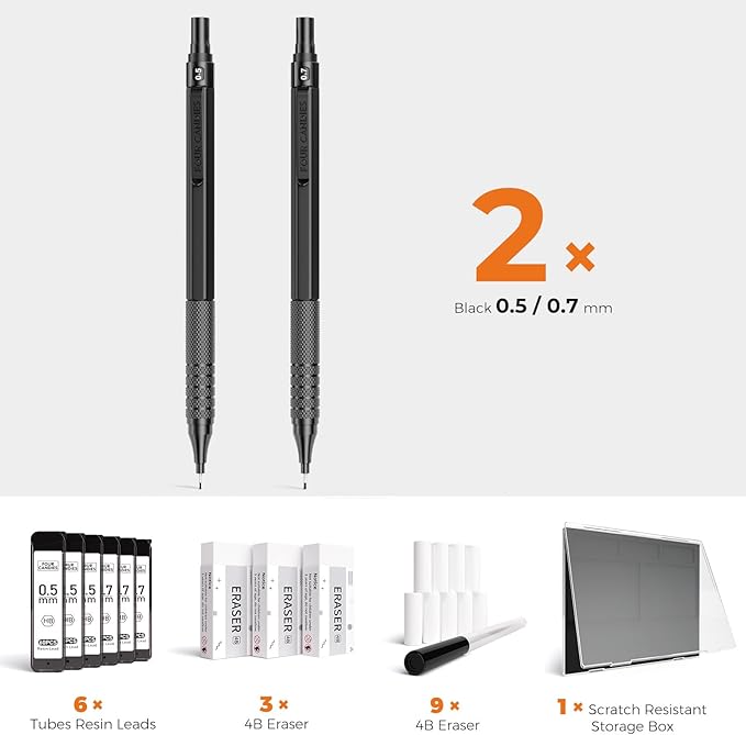 Four Candies 2PCS Metal Mechanical Pencils Set with Case, 0.5mm & 0.7 mm Artist Pencil with 6 Tubes (360PCS) HB Lead Refills, 3 Erasers,9 Eraser Refills For Writing Drafting, Drawing, Black-DeskLoop Office