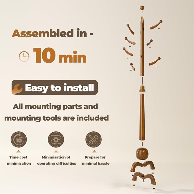 Wood Coat Rack Freestanding, Solid Wooden Hall Tree with 8 Hooks, Coat Tree Freestanding Heavy Duty with Stable Base, Entryway Hallway Bedroom Office Use, 240lbs Load Capacity H:71.6in (Natural)-DeskLoop Office