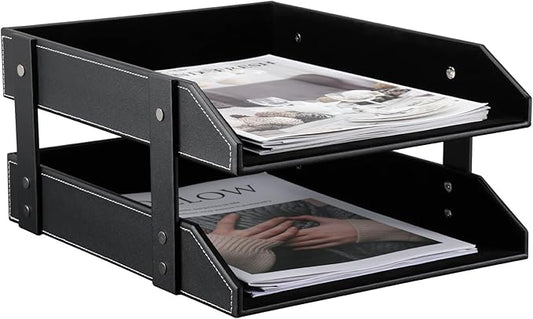 KINGFOM Letter Tray, Leather Paper Organizer Tray, Wooden Desk File Holder, Desktop File, Stackable Magazine Holder, Mail Sorter, Great for Home or Office - 2 Level Black-DeskLoop Office